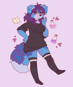 4_fingers anthro arms_bent big_breasts black_clothing black_dress black_knee_socks black_nose blue_body blue_fur blue_hair blue_markings blue_tail blush blush_lines book breasts clothed clothed_female clothing cork dress female fingers floppy_ears fluffy fluffy_tail fur fur_markings hair hand_on_hip hand_on_own_hip heart_symbol light long_hair markings multicolored_body multicolored_fur multicolored_tail open_book potion_bottle purple_background simple_background solo tail text suzeart nova_(madgirlswitch) australian_shepherd canid canine canis domestic_dog herding_dog mammal pastoral_dog sheepdog 2024 5:6 artist_name colored digital_drawing_(artwork) digital_media_(artwork) english_description full-length_portrait hi_res lighting portrait shaded