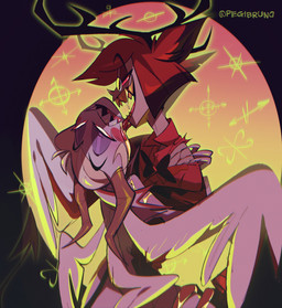 2_horns antlers black_antlers black_body black_border black_bow_tie black_fur black_hair blood bodily_fluids border bow_tie brown_horn clothing drooling eye_roll face_lick feathers fur grin hair horn humanoid_on_humanoid licking looking_at_viewer male male/male pale_skin red_body red_clothing red_fur red_hair red_sclera red_shirt red_topwear saliva scratching shirt side_view smile teeth tongue tongue_out topwear white_body white_eyes white_feathers yellow_teeth pegibruno hazbin_hotel hellaverse alastor_(hazbin_hotel) lucifer_(hazbin_hotel) angel animal_humanoid deer deer_humanoid demon humanoid mammal mammal_humanoid 2024 hi_res