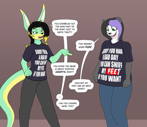 anthro biped black_hair black_nose bottomwear clothed clothing dialogue duo ears_up eyebrows feet female fingers foot_fetish fur green_body green_eyes hair humanoid_hands long_ears multicolored_body multicolored_fur multicolored_hair open_mouth pants shirt smile speech_bubble tail text text_on_clothing text_on_shirt text_on_topwear toes topwear two_tone_hair yellow_body nudeknightart blizzard_entertainment meme_clothing warcraft sarnari bear giant_panda kangaroo macropod mammal marsupial pandaren 2023 character_request english_text hi_res meme