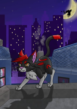 black_body black_fur city city_background crescent_moon feral fur fur_markings male markings moon neck_tuft night pink_inner_ear red_body red_fur red_spots rooftop shadow sky solo spots star starry_sky tuft atomthecat atom_(atomthecat) domestic_cat felid feline felis mammal