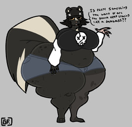 4_fingers anthro beanie belly big_belly big_breasts big_butt big_pupils black_beanie black_body black_clothing black_fur black_hair black_hat black_headwear blue_bottomwear blue_clothing blue_hotpants blue_shorts bodily_fluids bottom_heavy bottomwear breasts bubble_butt bulge butt claws clothing crop_top curvy_figure dialogue fangs feet finger_claws fingers freckled_butt freckles front_view fur grey_background gynomorph hair hat headgear headwear highlights_(coloring) hotpants huge_butt huge_hips huge_thighs intersex logo long_sleeves markings multicolored_body multicolored_fur multicolored_hair navel one_stocking_on open_mouth pink_nose pupils shirt short_hair shorts simple_background skull_shirt skull_symbol skunk_tail slightly_chubby slightly_chubby_anthro slightly_chubby_gynomorph slightly_chubby_intersex solo sweat talking_to_viewer teeth text thick_thighs toes tongue topwear two_tone_body two_tone_fur two_tone_hair voluptuous voluptuous_anthro voluptuous_gynomorph white_highlights white_markings wide_hipped_anthro wide_hipped_gynomorph wide_hips yellow_sclera ghostfuckrr siouxsie_(ghostfuckrr) mammal mephitid skunk 2024 artist_logo colored digital_drawing_(artwork) digital_media_(artwork) english_text hi_res trans_(lore) trans_woman_(lore)