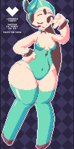 blue_border border bow_(feature) bow_in_front bow_tie breasts bunny_costume choker cleavage clothed clothing costume cuff_links cuffs_(clothing) curvy_figure electronics female footwear green_hair hair hand_on_hip headgear headphones headset jewelry legwear leotard long_hair looking_at_viewer microphone necklace one_eye_closed outline shoes simple_background slightly_chubby smile solo text thick_thighs thigh_gap thigh_highs voluptuous white_body white_outline wide_hipped_female wide_hips wink lavenfurr nintendo pokemon generation_5_pokemon humanoid legendary_pokemon meloetta meloetta_(aria_form) pokemon_(species) digital_media_(artwork) english_text pixel_(artwork) signature