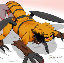ambiguous_anthro ambiguous_gender antennae_(anatomy) anthro blood bodily_fluids claws cutaway death dismemberment exoskeleton female fur gore intersex intersex/female mandibles purple_eyes solo tail tail_mouth teeth tongue unusual_anatomy unusual_tail yellow_body yellow_fur xeeno xee_(xeeno) silvet_(xeeno) hi_res