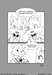 absurd_res anthro clothed clothing comic dialogue domestic_cat duo english_text fan_character felid feline felis generation_5_pokemon generation_7_pokemon greeting hi_res legendary_pokemon male mammal monochrome neck_bow nintendo pokemon pokemon_(species) sketch suit text topwear vest whiskers winick-lim young young_male zeraora zerry_(winick-lim) zora_(winick-lim) zorua