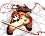 ambiguous_gender anthro belly butt clothed clothing fur kemono overweight overweight_anthro red_body red_fur solo text weapon white_body white_fur chiro_(artist) fanfan bear giant_panda mammal 2011 5:4