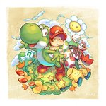 ambiguous_gender baby clothing cloud egg flower footwear grass group male mask open_mouth open_smile plant smile young camomile_357 mario_bros nintendo yoshi's_island baby_mario mario avian bird chain_chomp green_yoshi human mammal shyguy yoshi signature