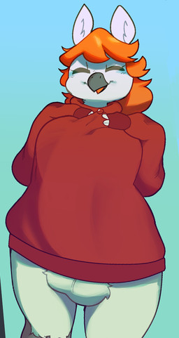 anthro balls beak big_penis bodily_fluids bottomless bottomless_intersex breasts bulge clothed clothing genital_fluids genitals gynomorph hair huge_penis hyper hyper_genitalia hyper_penis intersex leaking_precum orange_hair penis precum solo sweater topwear justirri mythology breeze_(drdewott) avian gryphon mythological_avian mythological_creature archived_source herm_(lore)