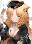 blonde_hair blush bodily_fluids bottle breasts brown_body brown_fur cleavage clothed clothing container cute_fangs drill_curls earpiece fangs female female_humanoid fluffy_ears flying_sweatdrops fur green_eyes hair hat headgear headwear holding_bottle holding_container holding_object jacket long_hair looking_at_viewer multicolored_tail open_mouth simple_background solo sweat sweatdrop tail teeth tongue topwear white_background yellow_body yellow_fur tabhead arknights hypergryph studio_montagne swire_(arknights) animal_humanoid felid felid_humanoid humanoid mammal mammal_humanoid pantherine pantherine_humanoid tiger_humanoid 2022 absurd_res alternate_version_at_source digital_media_(artwork) hi_res translated_description