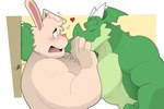 anthro biceps chest_tuft cornered duo green_body heart_symbol horn male muscular muscular_anthro muscular_male pecs shy tuft hikazedragon mythology undertale_(series) rg01_(undertale) rg02_(undertale) dragon lagomorph leporid mammal mythological_creature mythological_scalie rabbit scalie hi_res