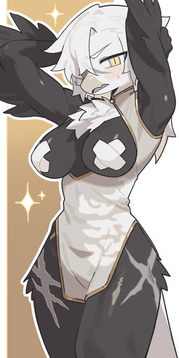 anthro beak biped blush breasts clothed clothed_anthro clothed_female clothing female front_view hair looking_at_viewer pasties simple_background solo standing tail kaltespur avian bird 2026 absurd_res digital_drawing_(artwork) digital_media_(artwork) hi_res