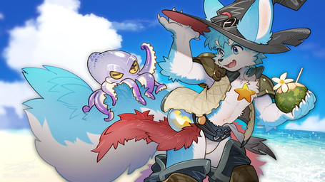 ambiguous_gender anthro athletic athletic_male beach blue_body blue_eyes blue_fur bottomwear clothed clothing coconut drupe_(fruit) duo food fruit fur hair hat headgear headwear loincloth male open_clothing open_mouth plant potion_bottle purple_body sea smile tentacles water witch_hat yellow_sclera yamainu_ken aquatic canid canine canis cephalopod coleoid mammal mollusk octopodiform octopus wolf