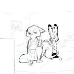 alcohol anthro bed beverage brush brushing brushing_fur brushing_tail clothed clothing duo eyes_closed female fur furniture inside lamp male overalls personal_grooming sitting size_difference social_grooming window replytoanons disney zootopia jack_savage skye_(zootopia) arctic_fox canid canine fox lagomorph leporid mammal rabbit true_fox 1:1 2017 black_and_white monochrome