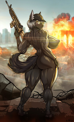 5_fingers anthro assault_rifle back_muscles big_breasts big_butt black_body black_fur black_hair black_nose breasts bridge brooklyn_bridge building butt clothing explosion eyewear feet female fingerless_gloves fingers fur glasses gloves gothic_architecture gun hair handwear hat headgear headwear hindpaw huge_breasts huge_butt humanoid_hands modern_architecture mostly_nude mostly_nude_anthro mostly_nude_female muscular muscular_anthro muscular_arms muscular_female muscular_legs neo-classical_architecture new_york_city nipples nude nude_anthro nude_female outside paws ranged_weapon rifle skyscraper solo standing tail urban weapon wearing_glasses wearing_hat weelzelu battlefield_(series) battlefield_6 electronic_arts berreta_(cobra175) canid canine canis domestic_dog husky mammal nordic_sled_dog spitz absurd_res hi_res