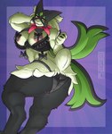 anthro anus big_breasts big_butt biped breasts butt clothed clothing female female_anthro fluffy fluffy_tail fur genitals green_body green_fur hair looking_at_viewer looking_back low-angle_view mask pussy pussy_floss ribbons simple_background small_tail smile smiling_at_viewer solo tail wide_hips coneruk nintendo pokemon generation_9_pokemon mammal meowscarada pokemon_(species) hi_res