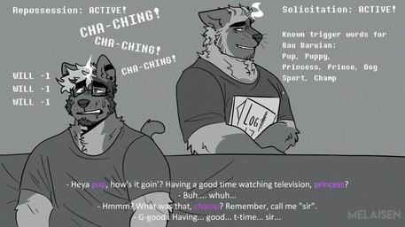 anthro bodily_fluids clothed clothed_anthro clothed_male clothing cross-eyed dialogue drooling duo facial_hair fake_screencap fur furniture hair hypnosis hypnotic_trigger male male_anthro mind_control muscular muscular_male oblivious open_mouth pet_name purple_text saliva shirt sofa sweat t-shirt text topwear white_text melaisen amihan_(melaisen) bau_(melaisen) akita canid canine canis domestic_dog mammal spitz 2023 absurd_res artist_name digital_drawing_(artwork) digital_media_(artwork) english_text greyscale hi_res monochrome