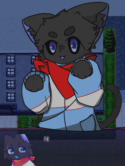 black_body black_fur black_paws black_tail blue_eyes blue_mouth clothing ear_tuft facial_tuft fur grass male muffler night plant school_uniform shadow solo tail text tree tuft uniform young ordinary_hash_browns domestic_cat felid feline felis mammal absurd_res chinese_text hi_res