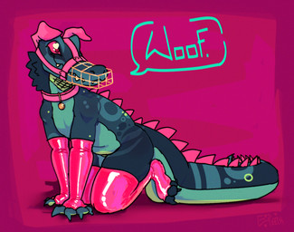 all_fours ambiguous_gender anthro clothing collar fake_ears fingerless_gloves footwear gloves handwear kneeling latex latex_clothing legwear muzzle_(object) muzzled osteoderms pink_clothing pink_footwear pink_socks scutes socks solo spikes stockings throatpouch gojiteeth marsh_(gojiteeth) alligator alligatorid crocodilian kaiju reptile scalie hi_res