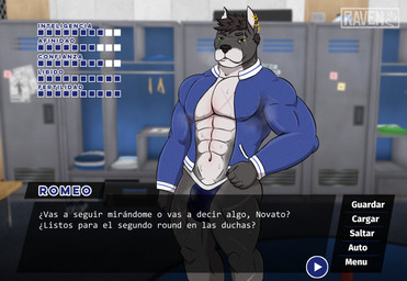 abs anthro biped bodily_fluids bulge clothing detailed_bulge ear_piercing ear_ring gameplay_mechanics genitals jacket jockstrap locker locker_room male male_anthro muscular muscular_anthro muscular_male musk nipples pecs penis penis_base piercing ring_piercing scar smile solo stats sweat topwear underwear visual_novel_interface violet_raven bulldog canid canine canis domestic_dog mammal mastiff molosser absurd_res hi_res
