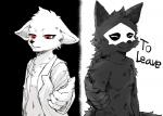 ambiguous_gender anthro biped black_body black_fur canid canine changed_(video_game) disappointed dr._k_(changed) duo ears_down english_text eyes_closed fchicken fur good_end happy latex looking_at_viewer mammal mask monochrome monster pivoted_ears puro_(changed) reaching_out red_eyes smile standing text white_body white_fur