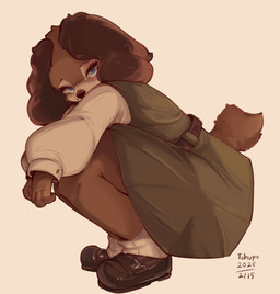 ambiguous_anthro ambiguous_gender anthro blue_eyes brown_body brown_fur clothed clothed_anthro clothing fully_clothed fully_clothed_anthro fur looking_at_viewer simple_background solo tan_background conditional_dnp tohupo patty_(tohupo) canid canine canis domestic_dog mammal 2025 hi_res