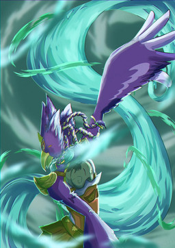 anthro armor beak blue_body blue_feathers braided_hair dancing feathers green_eyes hair leather leather_armor male scar solo wind yellow_beak chikichikitaron breath_of_the_wild nintendo the_legend_of_zelda revali avian rito