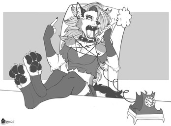 angry anthro armwear chair clothing collar crop_top crossed_legs desk elbow_gloves electronics female fingerless_gloves furniture gesture gloves hand_gesture handwear legwear middle_finger open_mouth pawpads phone shirt solo spiked_collar spikes table thigh_highs topwear unimpressed marcushunter hellaverse helluva_boss mythology loona_(helluva_boss) canid canid_demon canine canis demon hellhound mammal mythological_canine mythological_creature wolf hi_res monochrome