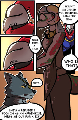anthro clothed clothing dialogue female fur group horn knight male speech_bubble tail text trio warrior brradett lernie_(brradett) canid canine canis human mammal scalie wolf absurd_res colored comic digital_media_(artwork) english_text hi_res