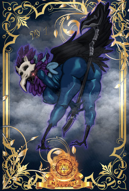 anthro areola avian_feet back_wings bent_over big_breasts big_butt black_body black_feathers blue_areola blue_body blue_feathers blue_nipples bone breasts butt feathered_wings feathers female genitals glowing glowing_eyes holding_melee_weapon holding_object holding_polearm holding_scythe holding_weapon huge_breasts huge_butt looking_at_viewer looking_back looking_back_at_viewer melee_weapon nipples polearm purple_body purple_feathers red_eyes scythe skull skull_head solo text thick_thighs vulva weapon wide_hips wings gibeechee the_lesser_key_of_solomon malphas avian bird corvid corvus_(genus) crow crow_demon demon oscine passerine absurd_res hi_res