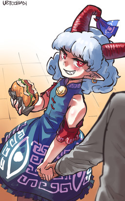 accessory bare_shoulders blue_clothing blue_dress blush bovid_horn breasts burger caprine_horn clothed clothed_female clothed_human clothed_humanoid clothed_male clothing dress duo ear_piercing ear_ring female female_humanoid first_person_view food furgonomics hair hand_holding holding_burger holding_food holding_object horizontal_pupils horn horn_accessory horn_ribbon human_pov humanoid_pointy_ears looking_at_viewer male male_human male_pov open_mouth open_smile piercing pointy_ears pupils red_eyes red_horn ribbons ring_piercing sharp_teeth small_breasts smile teeth white_hair kaibootsu touhou yuuma_toutetsu animal_humanoid bovid bovid_humanoid caprine caprine_humanoid horned_humanoid human humanoid mammal mammal_humanoid 2023 5:8 hi_res signature