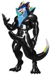 anthro back_spines black_bodysuit black_claws black_clothing black_latex black_skinsuit blue_body blue_fur blue_horn bodysuit claws clothed clothing erection erection_under_clothing fur genitals glistening glistening_latex horn latex latex_bodysuit latex_clothing latex_skinsuit looking_at_viewer male muscular muscular_anthro muscular_male open_mouth penis raining rubber_clothing simple_background skinsuit smile solo suit superhero tail tight_clothing tongue tongue_out white_background white_body yellow_body yellow_eyes yellow_fur cxcxxcxxxx mythology teryx teryx_commodore dragon mythological_creature mythological_scalie scalie digital_media_(artwork) hi_res