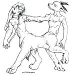 2_heads 2_horns 4_arms 4_fingers 4_legs 4_toes anthro arm_by_side arm_grab cheek_tuft claws collar conjoined conjoined_at_midsection copyright_symbol curved_horn dancing dewclaw digitigrade duo ears_back ears_down entwined_arms eyelids eyes_closed facial_tuft feet finger_claws fingers grabbing_partner hair hindpaw holding_leash holding_object holding_own_leash horn humanoid_hands leash long_ears long_snout male multi_arm multi_head multi_limb navel nude paws pivoted_ears pointy_ears prick_ears quadruped raised_leg rounded_ears simple_background snout standing stuck_together symbol tapering_horn text toe_claws toes tuft whiskers white_background m._bergeron canid canine lagomorph leporid mammal rabbit rear_taur taur two_taur artist_name black_and_white english_text line_art low_res monochrome traditional_media_(artwork)