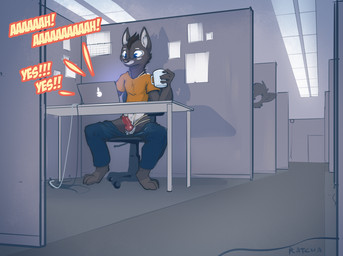 anthro bottomwear bottomwear_down clothed clothing computer cubicle electronics erection exhibitionism genitals knot laptop looking_at_porn male office pants pants_down partially_clothed penis pornography public public_erection rope simple_background solo text unprofessional_behavior workplace ratcha mammal digital_media_(artwork) english_text hi_res shaded