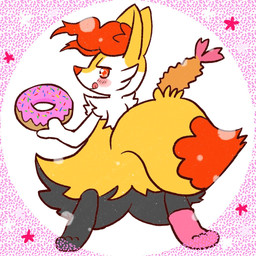 ambiguous_anthro ambiguous_gender anthro biped blush closed_smile digitigrade dipstick_tail food holding_doughnut kneeling licking licking_lips looking_at_viewer looking_back looking_back_at_viewer markings mouth_closed object_in_tail one_sock rear_view shrimp_(food) simple_background smile snout solo tail tail_markings tongue tongue_out annyui0611 nintendo pokemon braixen canid generation_6_pokemon mammal pokemon_(species) 1:1 2022 digital_drawing_(artwork) digital_media_(artwork) full-length_portrait japanese_description portrait translated_description