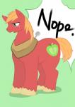 cutie_mark feral freckles fur green_eyes half-closed_eyes hooves male narrowed_eyes nope open_mouth red_body red_fur shadow simple_background solo text shiroepsilon friendship_is_magic hasbro my_little_pony big_macintosh_(mlp) earth_pony equid equine horse mammal pony english_text meme