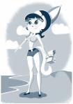 accessory anthro bikini black_hair bottomwear breasts cleavage clothed clothing female hair headband parasol shorts solo swimwear thick_thighs two-piece_swimsuit wide_hips davecartoons davetoons nickelodeon t.u.f.f._puppy kitty_katswell domestic_cat felid feline felis mammal absurd_res hi_res monochrome