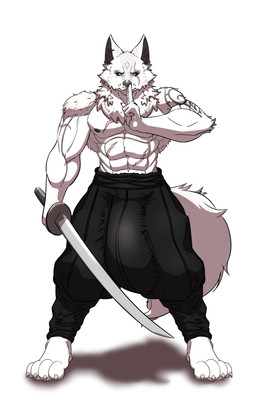 abs anthro arm_scar arm_tattoo black_sclera bottomwear bulge claws clothing eye_scar facial_scar fur genitals hyper hyper_genitalia looking_at_viewer male melee_weapon muscular muscular_male neck_tuft nipples pants paws pecs penis scar shadow solo sword tattoo toe_claws tuft weapon white_body white_fur umbreoncloud canid canine canis mammal wolf absurd_res hi_res