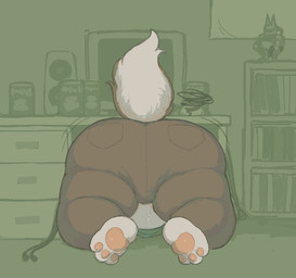 3_toes action_figure anthro barefoot belly belly_peeking_out big_butt body_hair book bookshelf brown_body brown_fur bulge butt butt_focus clothed clothing computer_mouse crawling crt desk feet fur furniture green_clothing green_topwear happy_trail head_first inside male multicolored_body multicolored_fur overweight overweight_anthro overweight_male pawpads pink_pawpads pockets raised_tail rear_view shaking_butt solo speaker table tail thick_thighs toes topless topwear two_tone_body two_tone_fur white_body white_fur wire cafongterua border_collie canid canine canis collie domestic_dog herding_dog mammal pastoral_dog sheepdog 2025 cel_shading digital_media_(artwork) shaded