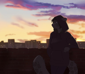 anthro city clothing detailed_background female hair hoodie outside skyline solo sunset topwear koul felid mammal pantherine snow_leopard