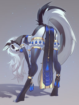 anthro armwear ass_up bent_over bottomwear breasts clothing elbow_gloves female gloves hair handwear legwear loincloth long_hair long_tail pasties red_sclera solo stockings tail tassels white_eyes white_hair khomche hellaverse helluva_boss mythology loona_(helluva_boss) canid canid_demon canine demon hellhound mammal mythological_canine mythological_creature hi_res