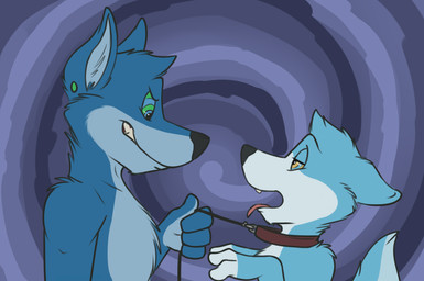 4_fingers abstract_background anthro arm_tuft blue_body blue_countershading blue_eyes blue_fur blue_tail cheek_tuft chest_tuft collar countershade_face countershade_tail countershade_torso countershading dominant dominant_male duo ear_piercing ears_back eye_contact eyebrows facial_tuft fingerless_(marking) fingers fur green_eyes grin head_tuft holding_leash holding_object hypnosis leash leash_pull looking_at_another male male/male mind_control multicolored_body multicolored_eyes multicolored_fur neck_tuft nude piercing pink_tongue pivoted_ears shoulder_tuft side_view smile spiral spiral_background spiral_eyes submissive submissive_male tail teeth tongue tongue_out tuft two_tone_body two_tone_fur two_tone_tail white_body white_countershading white_fur white_tail yellow_eyes rotten_robbie robbie_(rotten_robbie) canid canine canis mammal wolf bust_portrait flat_colors portrait