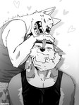 anthro big_muscles biped black_clothing black_shirt black_tank_top black_topwear clothing duo fur heart_symbol hugging_head laugh male muscular muscular_anthro muscular_male romantic romantic_couple shirt tank_top topwear white_body white_fur nomifuki canid canine canis mammal wolf 2024 greyscale hi_res monochrome