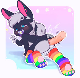 adult_on_young age_difference anal anal_penetration anatomically_inaccurate anatomically_inaccurate_pawpads anthro black_body black_fur bodily_fluids clothing cum cum_drip cum_on_ground disembodied_penis dripping duo ear_piercing flaccid footwear foreskin fur genital_fluids genitals gesture gradient_background hand_gesture humanoid_genitalia humanoid_penis legwear male male/male male_penetrated markings mostly_offscreen_character multicolored_body multicolored_clothing multicolored_footwear multicolored_fur multicolored_legwear multicolored_socks multiple_piercings neonate pacifier pawpads penetration penile penile_penetration penis penis_in_ass piercing pink_pawpads rainbow_clothing rainbow_footwear rainbow_legwear rainbow_socks simple_background small_penis socks solo_focus star_symbol two_tone_body two_tone_fur unretracted_foreskin v_sign white_markings young unknown_artist sammy_(triixs) human lagomorph leporid mammal rabbit hi_res