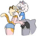 anthro biped bottomwear bulge clothing countershading detailed_bulge dipstick_tail duo hair holding_head human_to_anthro male male/male male_anthro markings shark_tail shorts species_transformation tail tail_markings transformation transformation_through_kiss white_hair yellow_sclera popstick pop_(popstick) domestic_cat felid feline felis mammal 2024 hi_res