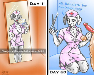 anthro ball_squeeze bored castration clothing cock_and_ball_torture dominant dominant_female female genital_mutilation genital_torture imminent_castration latex male male/female mutilation nurse nurse_clothing selfie submissive submissive_male text beebeesba canid canine canis dalmatian domestic_dog human mammal 2025 5:4 english_text hi_res smaller_version_at_source
