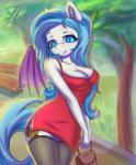 anthro breasts clothing dress fangs female hair legwear multicolored_hair solo stockings teeth wings prisma6 hasbro my_little_pony fan_character bat_pony equid equine horse mammal pony hi_res