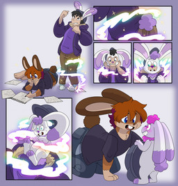 anthro blue_eyes blush bottomwear brown_body brown_fur brown_hair buckteeth butt clenched_teeth clothing drawing_(action) duo footwear fur growth hair holding_object holding_pen human_to_anthro jacket male nude open_mouth pants pen pink_eyes pink_hair plantigrade shirt shoes shrinking simple_background size_difference size_transformation smile species_transformation standing surprised tail tail_growth teeth topwear transformation white_body white_fur trubbol human lagomorph leporid mammal rabbit 2025 comic digital_media_(artwork) hi_res