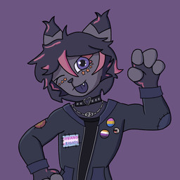 ambiguous_gender anthro choker clothing eyeliner fluffy fluffy_ears fluffy_hair gesture hair jacket jewelry lgbt_pride makeup necklace nonbinary_pride_colors one_eye_closed politics pride_colors silly simple_background solo star tongue tongue_out topwear waving wink jack_acetf2 hybrid 1:1 absurd_res hi_res