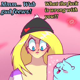 1_horn ambiguous_feral ambiguous_gender angry baby_talk black_clothing black_hat black_headwear blonde_hair blue_body blue_eyes blush clothed clothed_human clothing cutaway dialogue duo ear_piercing eyelashes eyes_closed female female_human feral hair hat headgear headwear horn light_body light_skin lips looking_pleasured pattern_clothing pattern_topwear piercing pink_lips striped_clothing striped_topwear stripes text tongue tongue_out topwear young young_ambiguous young_feral nowindamosha fluffy_pony mythology equid equine fluffy_pony_(species) human mammal mythological_creature mythological_equine unicorn 1:1 2025 artist_name comic digital_media_(artwork) english_text