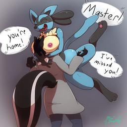 anthro black_body black_fur blue_body blue_fur breast_smother breasts clothed clothing dialogue duo female fur genitals hair happy male master nipples nude open_mouth simple_background smile smothering spikes standing tail teeth text tongue vulva white_body white_fur yellow_body yellow_fur miso_souperstar nintendo pokemon canid canine generation_4_pokemon lucario mammal mephitid pokemon_(species) skunk 1:1 2017 absurd_res digital_media_(artwork) english_text hi_res