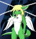 accessory anthro blonde_hair blue_eyes breasts chain dragon feathered_wings feathers female fur fur_markings furgonomics furred_dragon furred_scalie genitals giru_(artist) green_body green_fur hair hand_on_hip hi_res jewelry markings mythological_creature mythological_scalie mythology nipples nude pussy scalie solo standing tail tail_accessory tail_bracelet tail_jewelry white_body white_fur wings yuri_(giru)